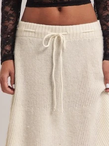 SHEIN BAE Regular Women's Solid Color Waist Tie Knit Skirt - Apricot - View 7