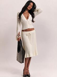 SHEIN BAE Regular Women's Solid Color Waist Tie Knit Skirt - Apricot - View 1