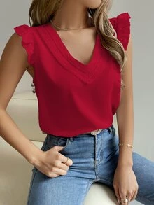 Breezaya Blusa con mangas con volantes y panel de encaje Guipur para ropa de Año Nuevo - Rojo - Ver 5
