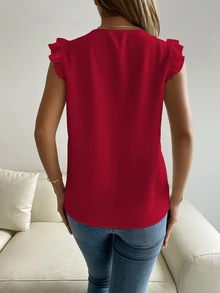 Breezaya Blusa con mangas con volantes y panel de encaje Guipur para ropa de Año Nuevo - Rojo - Ver 2