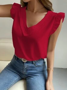 Breezaya Blusa con mangas con volantes y panel de encaje Guipur para ropa de Año Nuevo - Rojo - Ver 6