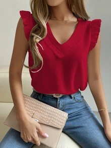 Breezaya Blusa con mangas con volantes y panel de encaje Guipur para ropa de Año Nuevo - Rojo - Ver 4