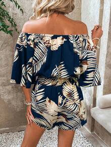 Breezaya Mono informal con estampado de hojas, hombros descubiertos y mangas acampanadas para vacaciones de verano - Multicolor - Ver 2