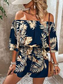 Breezaya Mono informal con estampado de hojas, hombros descubiertos y mangas acampanadas para vacaciones de verano - Multicolor - Ver 3