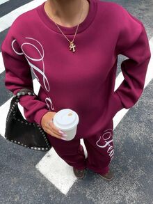 Muchica 女款秋冬新款酒紅色針織保暖內裡字母印花寬鬆運動衫與運動褲套裝，適合外出與街頭穿搭 - 中紫紅色 - 查看 3