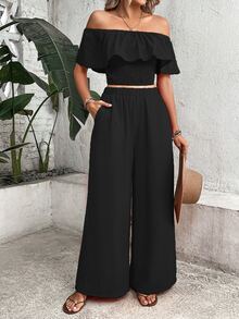 Breezaya Off Shoulder Ruffle Trim Crop Top & Wide Leg Pants - Black - View 5