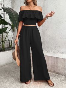 Breezaya Off Shoulder Ruffle Trim Crop Top & Wide Leg Pants - Black - View 4