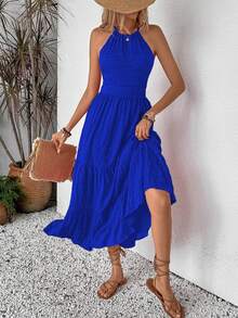 Breezaya Women Texture Summer Dress With Solid Color, Back Strap, And Frill Hem, Perfect For Vacation Outfits Maxi Vacation Beach Outfit - Royal Blue - View 8