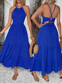 Breezaya Women Texture Summer Dress With Solid Color, Back Strap, And Frill Hem, Perfect For Vacation Outfits Maxi Vacation Beach Outfit - Royal Blue - View 3