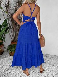 Breezaya Women Texture Summer Dress With Solid Color, Back Strap, And Frill Hem, Perfect For Vacation Outfits Maxi Vacation Beach Outfit - Royal Blue - View 2