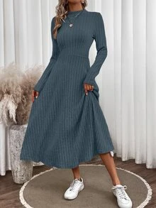 Breezaya Women's Ribbed Flared Dress Maxi Women Outfit Fall Cloth For Women - Dusty Blue - View 4