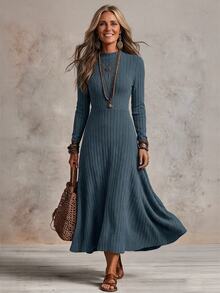 Breezaya Women's Ribbed Flared Dress Maxi Women Outfit Fall Cloth For Women - Dusty Blue - View 3