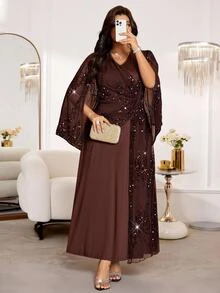 Reflora Plus Size Elegant Party Cocktail Formal Dinner Evening Sequin Patchwork Dress Wedding Brown Fall New Year Christmas - Brown - View 12
