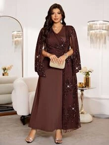 Reflora Plus Size Elegant Party Cocktail Formal Dinner Evening Sequin Patchwork Dress Wedding Brown Fall New Year Christmas - Brown - View 2