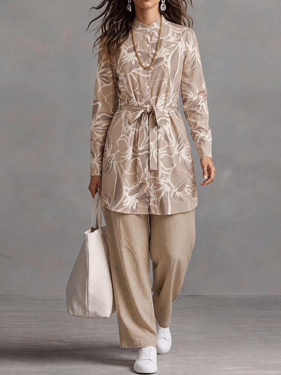 SHEIN LUNE 女款秋季米色兩件式套裝,腰帶設計、鈕扣前襟領口、滿版印花,日常白天穿著,端莊優雅,秋冬款 - 彩色 - 查看 1