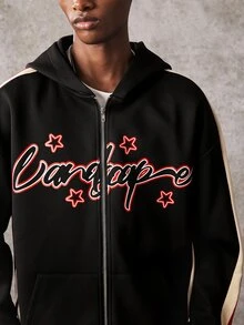 ROMWE MEN Men's Fashion Patchwork Letter Print Zip-Up Hooded Sweatshirt - Black - View 3