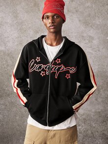 ROMWE MEN Men's Fashion Patchwork Letter Print Zip-Up Hooded Sweatshirt - Black - View 9