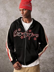 ROMWE MEN Men's Fashion Patchwork Letter Print Zip-Up Hooded Sweatshirt - Black - View 4