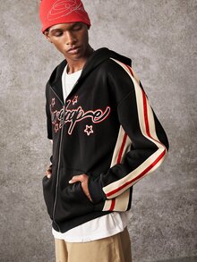 ROMWE MEN Men's Fashion Patchwork Letter Print Zip-Up Hooded Sweatshirt - Black - View 6