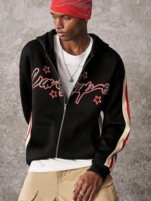 ROMWE MEN Men's Fashion Patchwork Letter Print Zip-Up Hooded Sweatshirt - Black - View 7