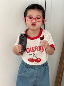 SHEIN 2pcs Baby Girls White And Red Cherry Print Raglan T-Shirt & Ruffle Trim Denim Shorts Set, Casual Summer Vacation Outfit With Pockets For Baby Girl - Multicolor - View 6