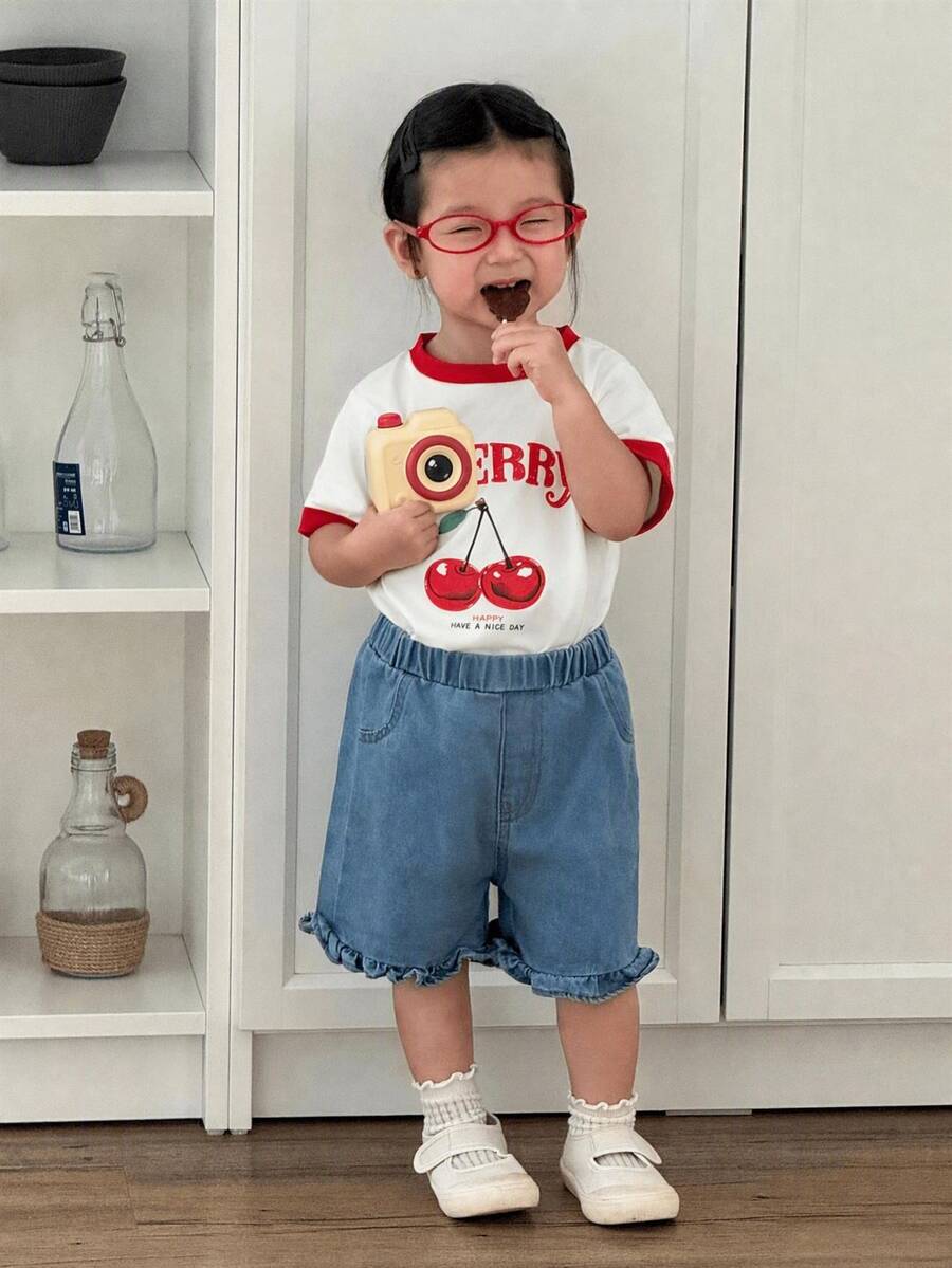 SHEIN 2pcs Baby Girls White And Red Cherry Print Raglan T-Shirt & Ruffle Trim Denim Shorts Set, Casual Summer Vacation Outfit With Pockets For Baby Girl - Multicolor - View 1