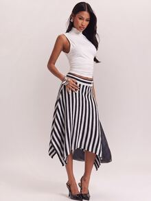 SHEIN BAE Regular Women's Striped Asymmetrical Hem Knit Skirt - Black and White - View 3