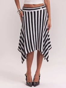 SHEIN BAE Regular Women's Striped Asymmetrical Hem Knit Skirt - Black and White - View 8