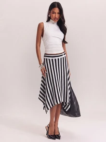 SHEIN BAE Regular Women's Striped Asymmetrical Hem Knit Skirt - Black and White - View 2