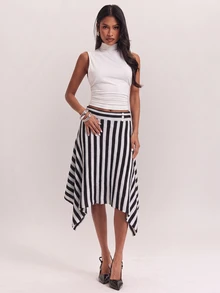 SHEIN BAE Regular Women's Striped Asymmetrical Hem Knit Skirt - Black and White - View 5