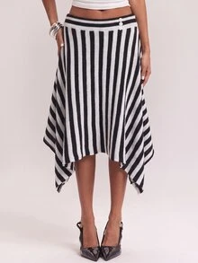 SHEIN BAE Regular Women's Striped Asymmetrical Hem Knit Skirt - Black and White - View 7