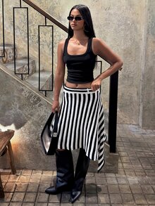 SHEIN BAE Regular Women's Striped Asymmetrical Hem Knit Skirt - Black and White - View 9