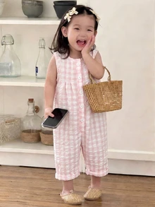 SHEIN 女嬰夏季無袖粉色與白色條紋格紋連身褲，可愛修身田園風熱帶度假海灘風 - 彩色 - 查看 7