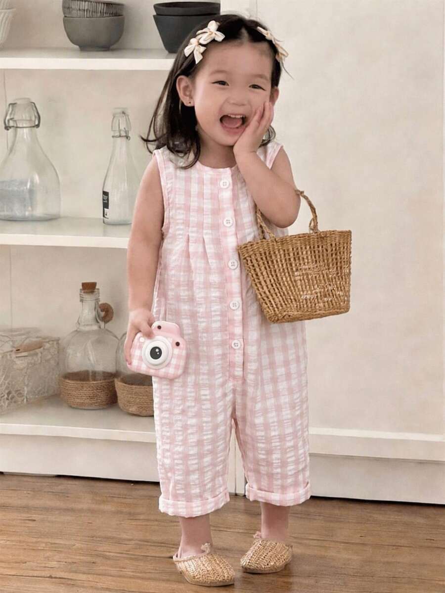 SHEIN 女嬰夏季無袖粉色與白色條紋格紋連身褲，可愛修身田園風熱帶度假海灘風