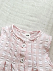 SHEIN 女嬰夏季無袖粉色與白色條紋格紋連身褲，可愛修身田園風熱帶度假海灘風 - 彩色 - 查看 8