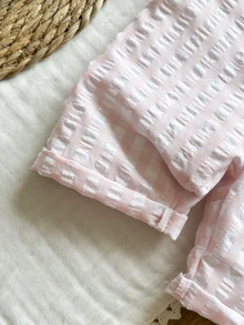 SHEIN 女嬰夏季無袖粉色與白色條紋格紋連身褲，可愛修身田園風熱帶度假海灘風 - 彩色 - 查看 5
