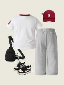 SHEIN 2件組女嬰開學季夏季休閒端莊牛仔女孩風白色與酒紅數字印花對比V領T恤＋花卉灰色長褲套裝，街頭風健身運動風 - 彩色 - 查看 3