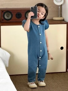SHEIN 女婴可爱时尚蝴蝶结刺绣蓝色牛仔背带裤，适合日常穿着、聚会、公园、度假等场合。 - 藍色 - 查看 5