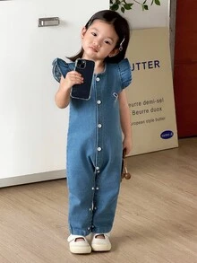 SHEIN 女婴可爱时尚蝴蝶结刺绣蓝色牛仔背带裤，适合日常穿着、聚会、公园、度假等场合。 - 藍色 - 查看 4