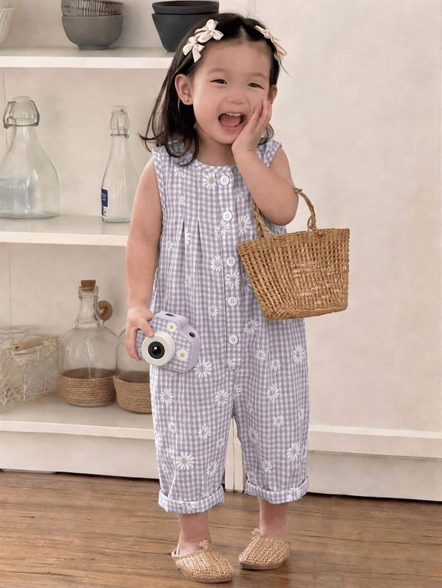 SHEIN 女嬰夏季無袖淺粉色格紋連身褲 可愛田園熱帶風修身連身褲 度假派對 1 歲生日