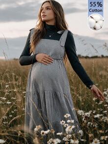 Boho Mama Maternity Solid Color Turtleneck Long Sleeve Top And Plaid Dress 2 Pieces Set - Multicolor - View 3
