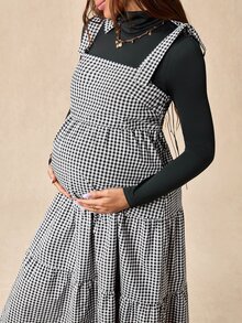 Boho Mama Maternity Solid Color Turtleneck Long Sleeve Top And Plaid Dress 2 Pieces Set - Multicolor - View 5
