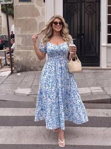 Easura Plus Size Women's Elegant Floral Print Square Neck Short Sleeve A-Line Maxi Dress, Spring/Summer - Blue - View 6