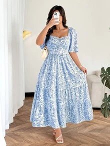 Easura Plus Size Women's Elegant Floral Print Square Neck Short Sleeve A-Line Maxi Dress, Spring/Summer - Blue - View 7