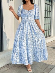 Easura Plus Size Women's Elegant Floral Print Square Neck Short Sleeve A-Line Maxi Dress, Spring/Summer - Blue - View 10