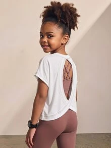 SHEIN Young Girls Casual Hollow Back Short Sleeve T-Shirt, Sports Outfit White Black Summer - White - View 4