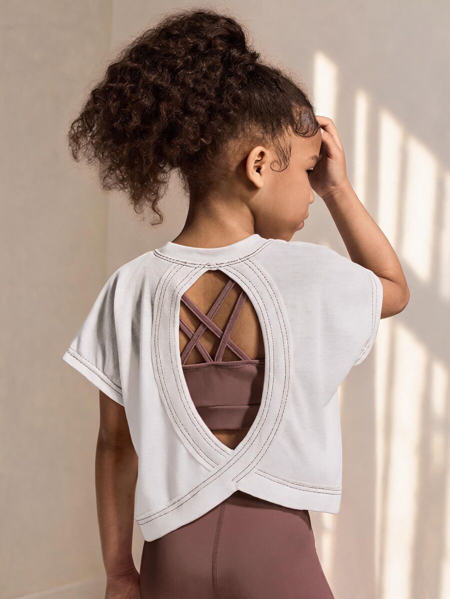 SHEIN Young Girls Casual Hollow Back Short Sleeve T-Shirt, Sports Outfit White Black Summer