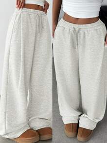 SHEIN Teen Girl Knit Light Gray Loose Casual Drawstring Pocket Wide Leg Sweatpants - Light Grey - View 1
