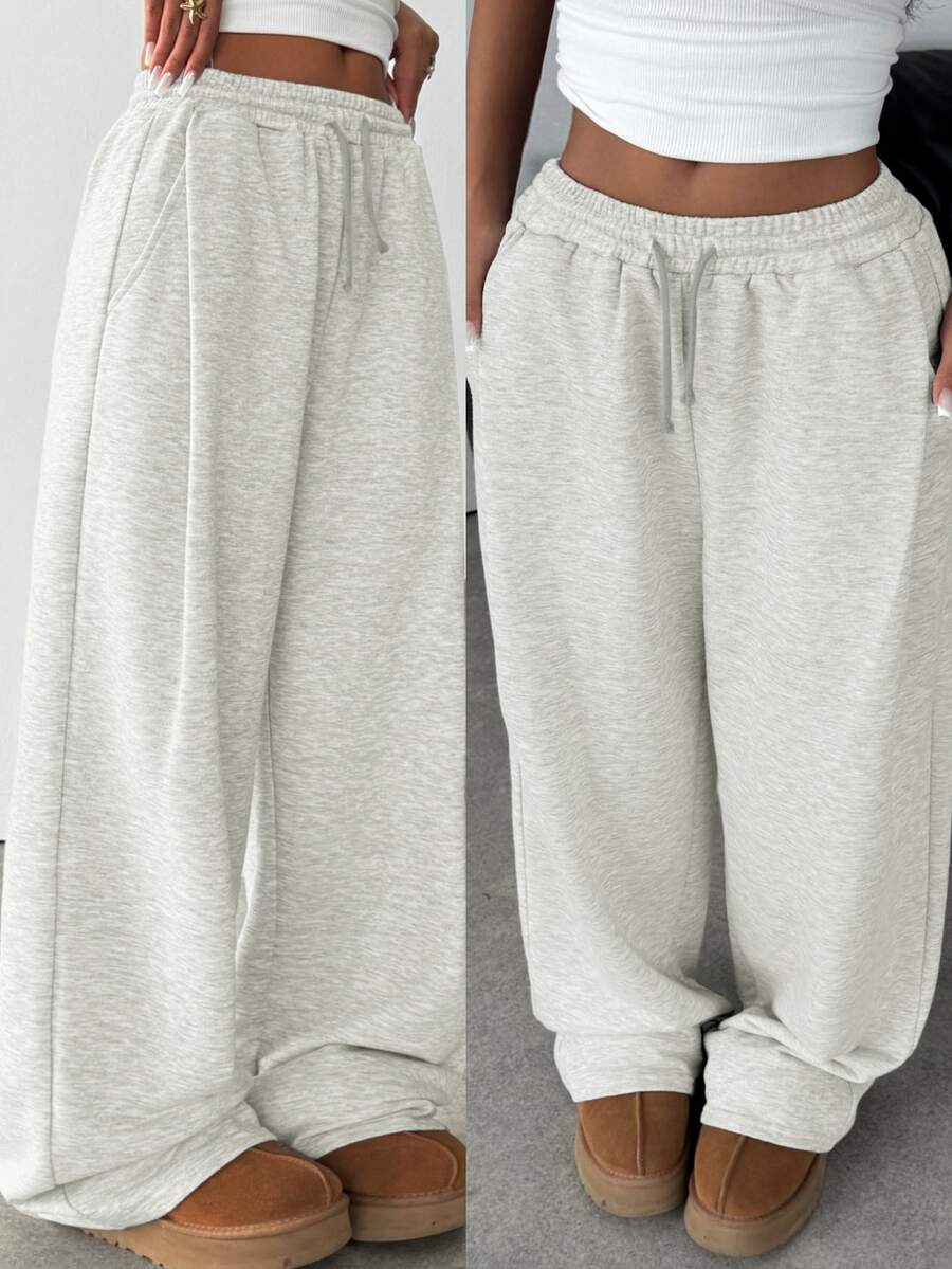 SHEIN Teen Girl Knit Light Gray Loose Casual Drawstring Pocket Wide Leg Sweatpants - Light Grey - View 1
