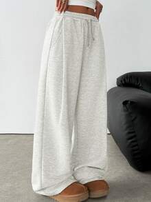 SHEIN Teen Girl Knit Light Gray Loose Casual Drawstring Pocket Wide Leg Sweatpants - Light Grey - View 5